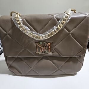 NWT Badgley Mischka Diamond Quilted Chain Crossbody Taupe Gold